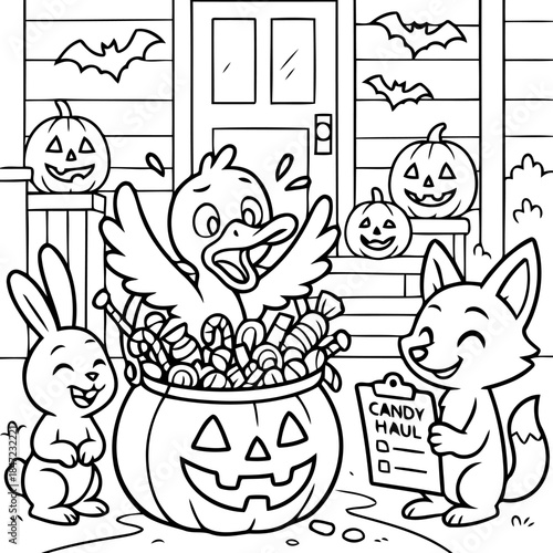 Halloween Candy Haul: An adorable assortment of friendly animals revel in the spooky spirit of Halloween, eagerly awaiting the treasures of candy.