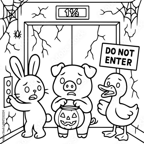 Halloween Elevator of Doubt: A trio of animated characters, a rabbit, a pig, and a duck, encounter a foreboding elevator adorned with spiderwebs and cracks. The scene, hinting at a ghostly Halloween.