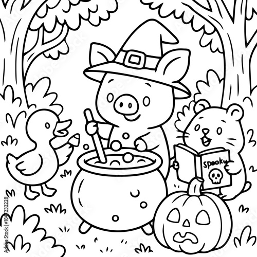Whimsical Halloween Scene: An adorable cartoon portrays a playful Halloween scene, featuring a pig witch stirring a cauldron. A charming duckling, a smiling hamster.