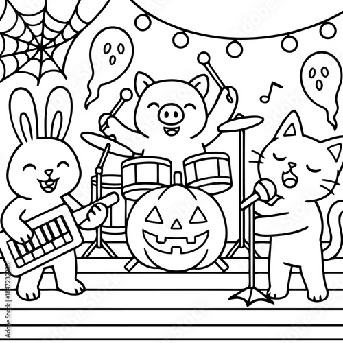 Spooky Halloween Band Concert: An adorable band of cartoon animals performs on a stage, with a carved pumpkin as their drum set. Spooky ambiance!