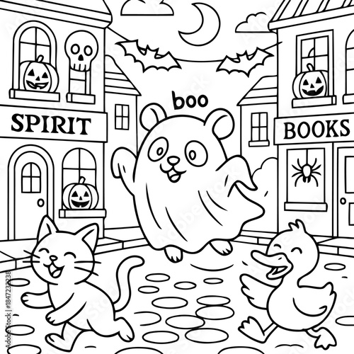 Spooky Street: Cute animals dressed in Halloween costumes frolic down the street. A ghost with boo! expression floats in the center. A spooky yet light-hearted celebration of the autumn holiday!