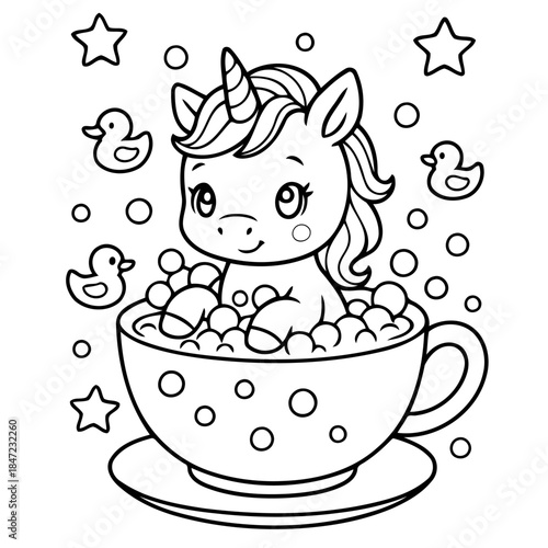 Whimsical Unicorn Bath Time: A charming unicorn takes a bubbly bath inside a teacup with rubber duckies and stars, creating a delightful scene.
