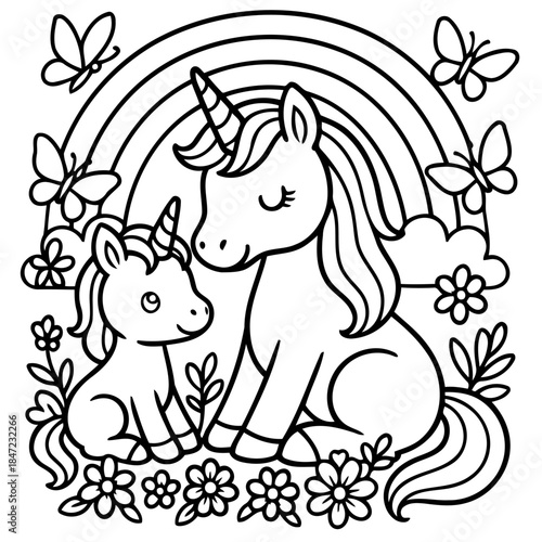 Enchanting Unicorn and Foal: A heartwarming monochrome scene depicts a majestic unicorn and its adorable foal nestled amidst a vibrant meadow, surrounded by playful butterflies and a colorful rainbow.