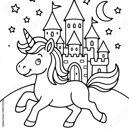 Enchanting Unicorn and Castle: A magical unicorn prances gracefully in front of a majestic castle under the starry night sky. The image evokes a sense of wonder and fantasy.