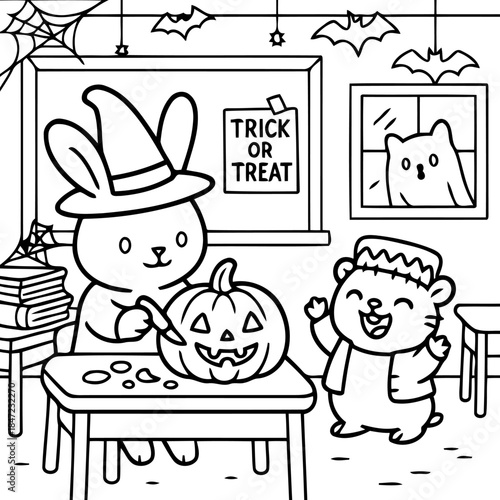 Spooky Halloween Preparations: A playful Halloween scene unfolds in a classroom, where a rabbit and a hamster are busy preparing a jack-o'-lantern, while a cat peers out the window.