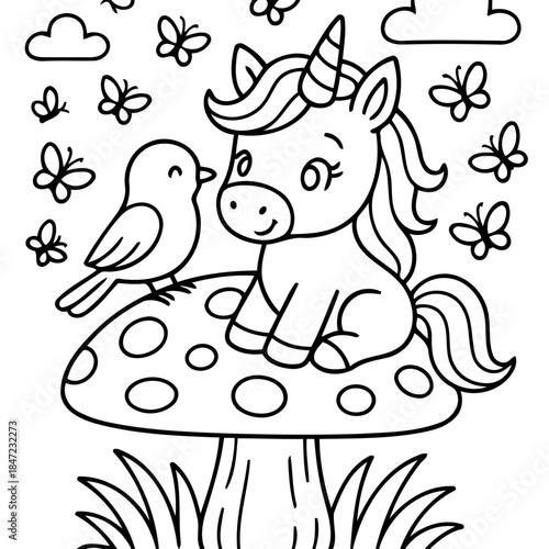 Whimsical Unicorn and Friend: A darling unicorn, with its iconic spiral horn, shares a moment with a chirping bird atop a speckled mushroom in a fairytale setting, surrounded by butterflies. 