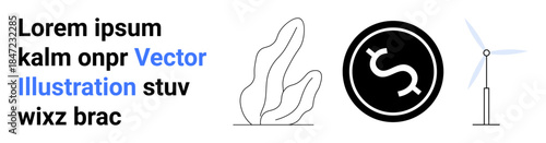 Renewable energy, sustainability, finance, conservation, design, technology. Black dollar currency symbol, wind turbine abstract plant shape. Renewable energy and sustainability concept