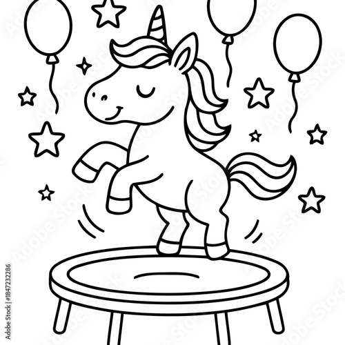 Magical Unicorn on a Trampoline: A whimsical illustration of a unicorn gracefully leaping on a trampoline, surrounded by balloons and stars, creating a scene of joy and fantasy. 