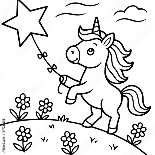 Whimsical Unicorn and Star: A cheerful unicorn joyfully plays with a star shaped kite in a field of flowers, this whimsical illustration encapsulates the magic of childhood, fun.