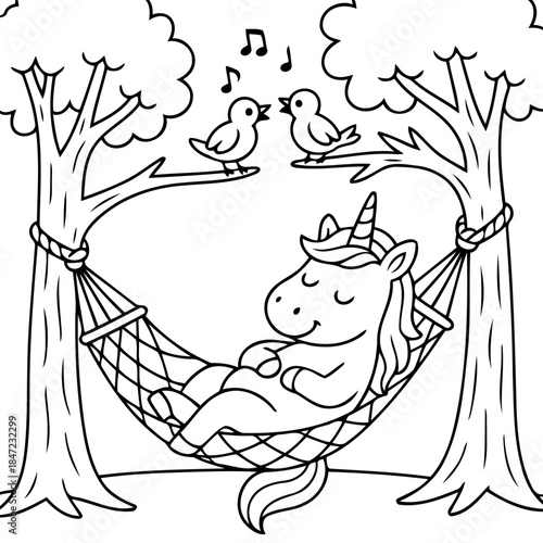 Unicorn's Serene Siesta: A whimsical unicorn enjoys a peaceful nap in a hammock strung between two trees, serenaded by cheerful birds.