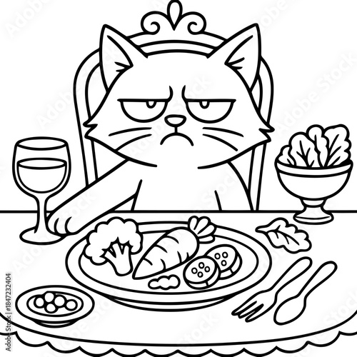 Grumpy Cat's Dinner: This monochrome drawing features a disgruntled feline dining on a plate of vegetables, including carrots and broccoli, accompanied by a glass of wine and salad.