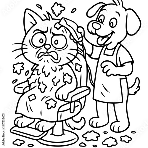 Grooming Fiasco: A cartoon depicts a humorous scene of a dog grooming a distressed cat with clippers, capturing a comical pet care situation.