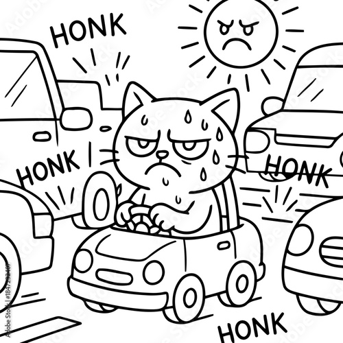Frustrated Cat in Traffic Jam: An adorable cat is stuck in a traffic jam and feeling frustrated. The cartoon style captures the humor and relatable experience of being in a traffic jam