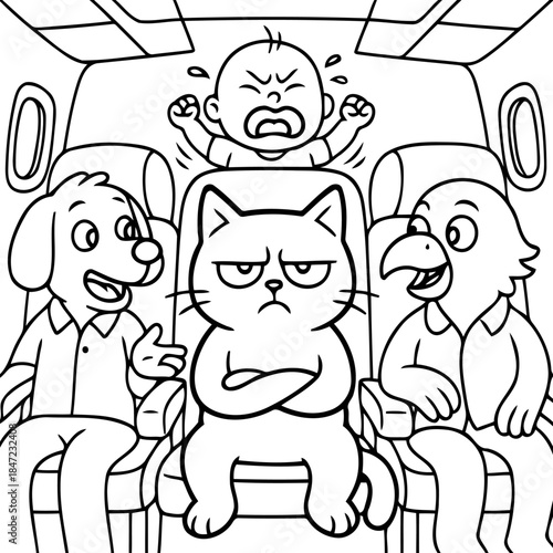 Cartoon Flight Drama: A whimsical cartoon captures the humorous chaos of air travel, featuring an array of characters in a shared seat amid the cries of a baby.