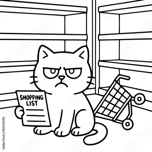 Empty shelves and a disgruntled feline face. This image captures the frustration of empty store shelves and a cat's weary look at a shopping list. It portrays scarcity and the impact on daily life. 