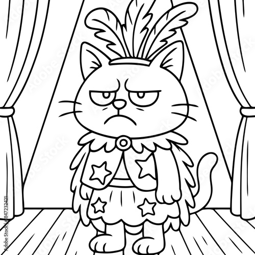 Grumpy Cat in Costume: A cartoon cat in a theatrical costume with feathers and stars, showcasing a comical expression and set in a playful stage setting.
