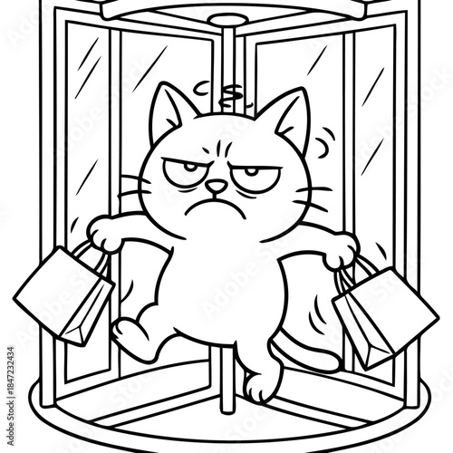 Weary of Retail: A grumpy cat, burdened with shopping bags, struggles to navigate a revolving door, embodying the exhaustion and frustration of a long day of retail therapy.