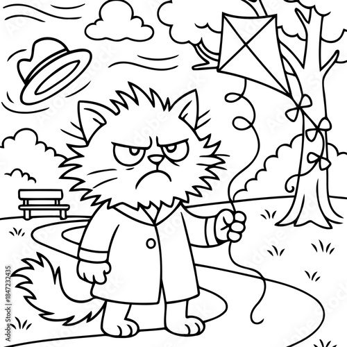 Grumpy Cat in the Park: An irate cat, clutching a kite in a park, its displeased expression hinting at a whimsical, albeit grumpy, afternoon.