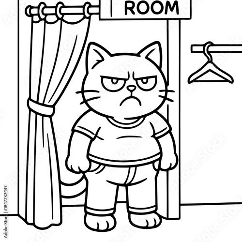 Angry Cat in Room: A cartoon cat, radiating a mood in a fitting room, with a hanger on the side, ready to try on clothes.