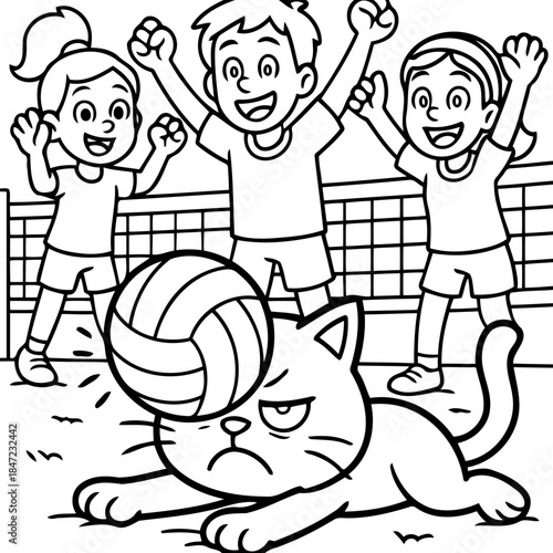 Volleyball cat: The cartoon depicts joyful children cheering excitedly as a volleyball strikes a grumpy cat with volleyball net in background, and captures the playful spirit and comical contrast