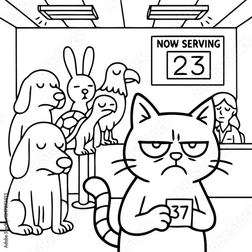 Animal Queue at Service Desk: A whimsical illustration depicts a line of diverse animals, each with a unique expression, waiting patiently at a service desk, a humorous take on everyday patience.