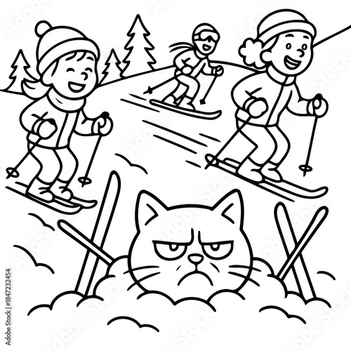 Winter Adventures and Feline Fury: Skiers traverse snowy slopes as a disgruntled cat watches, capturing the thrill of winter sports with a touch of comical contrast. 