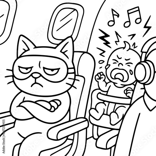 Flight Frustration: A whimsical illustration depicts the comical annoyance of a cat on a plane as a crying baby and the noise symbols create a comedic atmosphere.