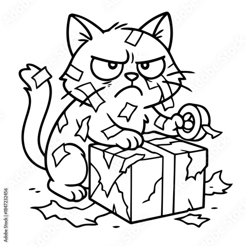 Feline Frustration: A disgruntled feline, embroiled in the chaotic act of gift wrapping, its face etched with an unmistakable expression of annoyance as it struggles with tape and paper.