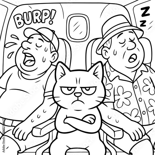 Cat's Flight Frustration: A disgruntled cat endures a turbulent flight between two snoring passengers, capturing the relatable humor of travel woes.