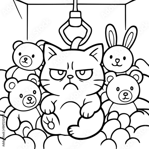 Claw Machine Drama: An adorable feline, seemingly displeased, surrounded by stuffed toys inside a claw machine. The anticipation of the game unfolds in a whimsical scene.