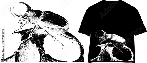 Vintage Stag Beetle on Skull Engraving T Shirt Design, Inverted Black White Xerography Vector on Transparent Background