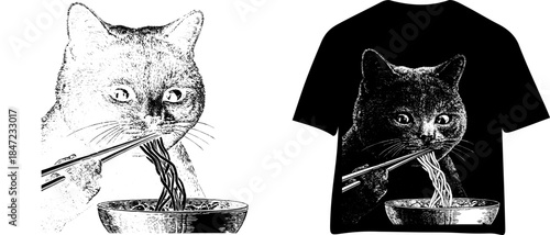 Vintage Japanese Cat Eating Ramen Engraving T Shirt Design, Inverted Black White Xerography Vector on Transparent Background