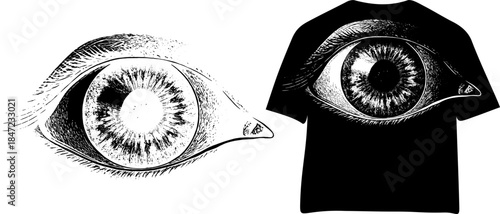 Vintage All Seeing Eye Engraving T Shirt Design, Inverted Black White Xerography Vector on Transparent Background