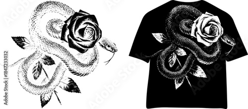 Vintage Snake with Roses Engraving T Shirt Design, Inverted Black White Xerography Vector on Transparent Background