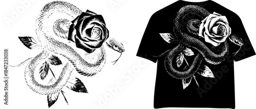 Vintage Snake with Roses Engraving T Shirt Design, Inverted Black White Xerography Vector on Transparent Background