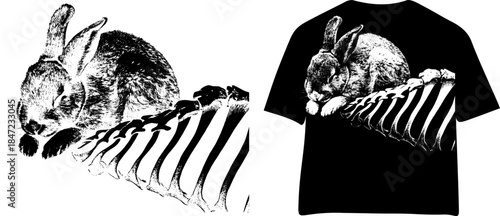 Vintage Rabbit on Skeleton Engraving, Inverted Black White Xerography Vector on Transparent Background