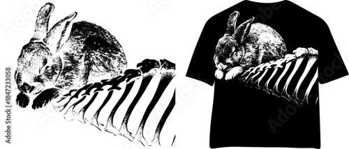 Vintage Rabbit on Skeleton Engraving, Inverted Black White Xerography Vector on Transparent Background