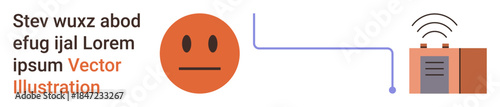 Technology, networking, communication, emotion analysis, data transmission, artificial intelligence. Orange face icon linked to a device with signal waves. Communication and networking