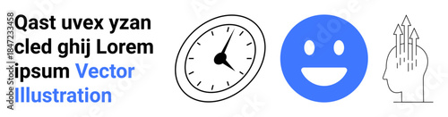 Time management, positivity, personal development, productivity, emotional wellness, goal setting. Circular clock, blue happy face head with upward arrows. Time management and positivity concept