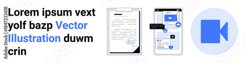 Online meetings, remote work, digital communication, content sharing, video streaming, social interaction. Documents, smartphone with messaging app video icon. Online meetings and remote work