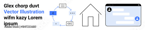 Productivity, communication, housing, interface design, workflow optimization, remote work. Circular diagram, house icon and chat window design. Productivity and communication concepts