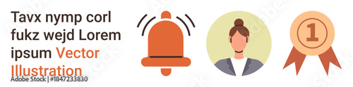 Notification systems, professional identity, recognition, business alerts, success symbols, achievement. Icons include a bell, a profile of a person and an award badge. Notification systems