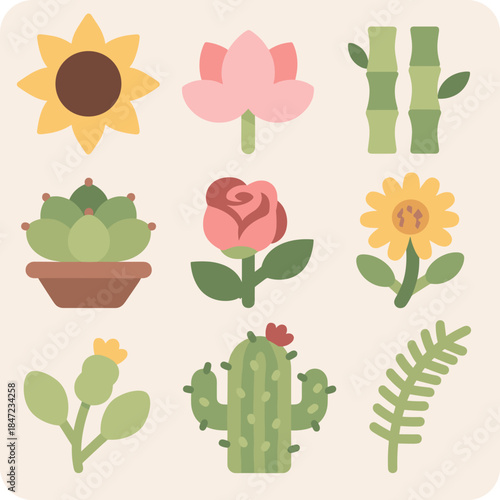 Botanical Icons Flat Design Plants and Flowers