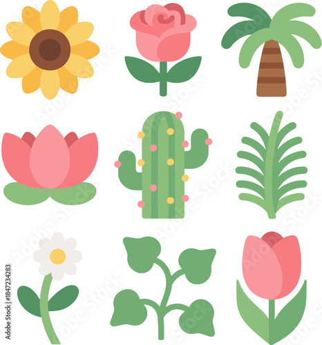 Botanical Icons Flat Design Plants and Flowers
