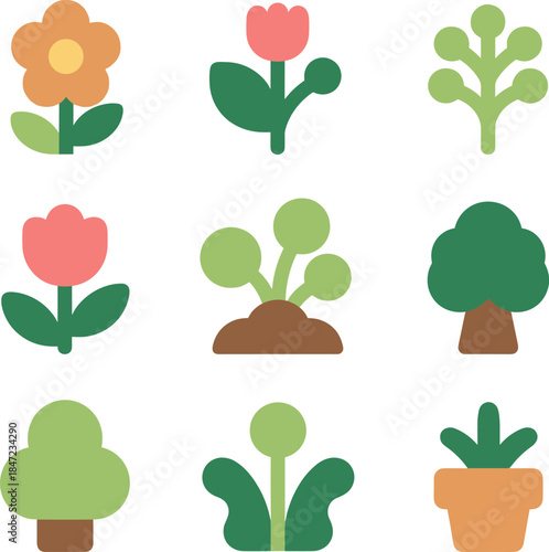 Botanical Icons Flat Design Plants and Flowers