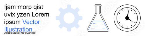 Industry, science, research, productivity, time management, experiment concepts. Illustration features a gear, laboratory flask and clock. Industry and science conceptual design