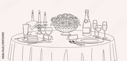 Elegant dining table setting with place cards, floral centerpiece, champagne, and cutlery for a special occasion celebration