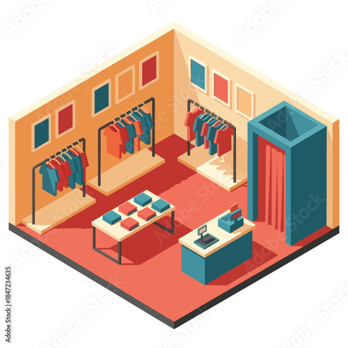 Clothing Store Interior with Clothes Racks and Counter.