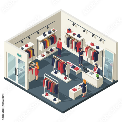 Isometric Clothing Store with Customers Shopping.