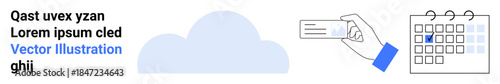 Cloud computing, time management, task organization, digital storage, identification, workflow planning. A cloud, calendar with checkmark and hand holding an ID card. Cloud computing and time